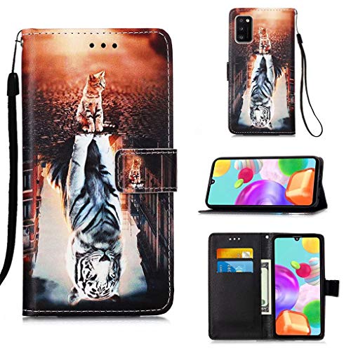 NiaCoCo Schutzhülle für Samsung Galaxy A41, 3D-Bild, Schutzhülle aus PU-Leder, Brieftasche, Kartenschlitz, Magnetverschluss, Klappständer + Displayschutzfolie 1 Stück (Katze und Tiger)