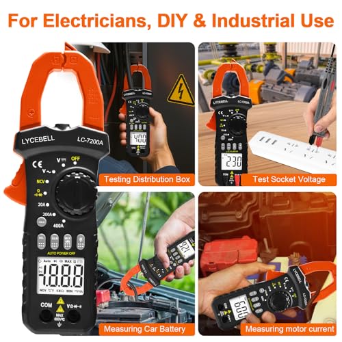 LYCEBELL 7200A Digitales Stromzangenmessgerät True RMS 600V 400A AC/DC Auto-Range Multimeter, NCV Berührungsloser Spannungsprüfer Zangenstrommesser mit Datenspeicher für Elektriker & Heimgebrauch