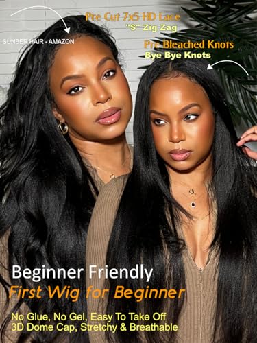 Image of Sunber Yaki Straight Human Hair with Elastic Drawstring Wig Bye Bye Knots | Pre Cut 7x5 HD Lace Front 150% Density Put On and Go Glueless Yaki Wig Pre Plucked Pre Bleached Invisible Knots 16Inch