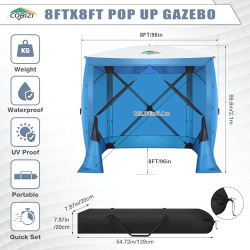 Image of COBIZI 6x6FT Pop Up Gazebo Screen Tent Screen House for Camping, Screen Room with Sidewalls and Mosquito Netting, Hub Tent Instant Screened Canopy with Carrying Bag and Ground Stakes, Blue