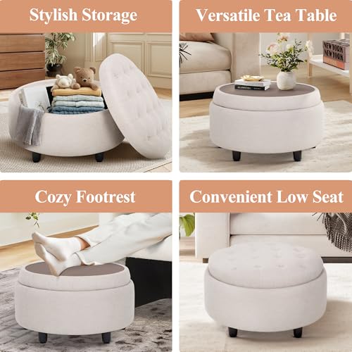 image for COLAMY Fabric Round Storage Ottoman with Reversible Tray Lid – Multi