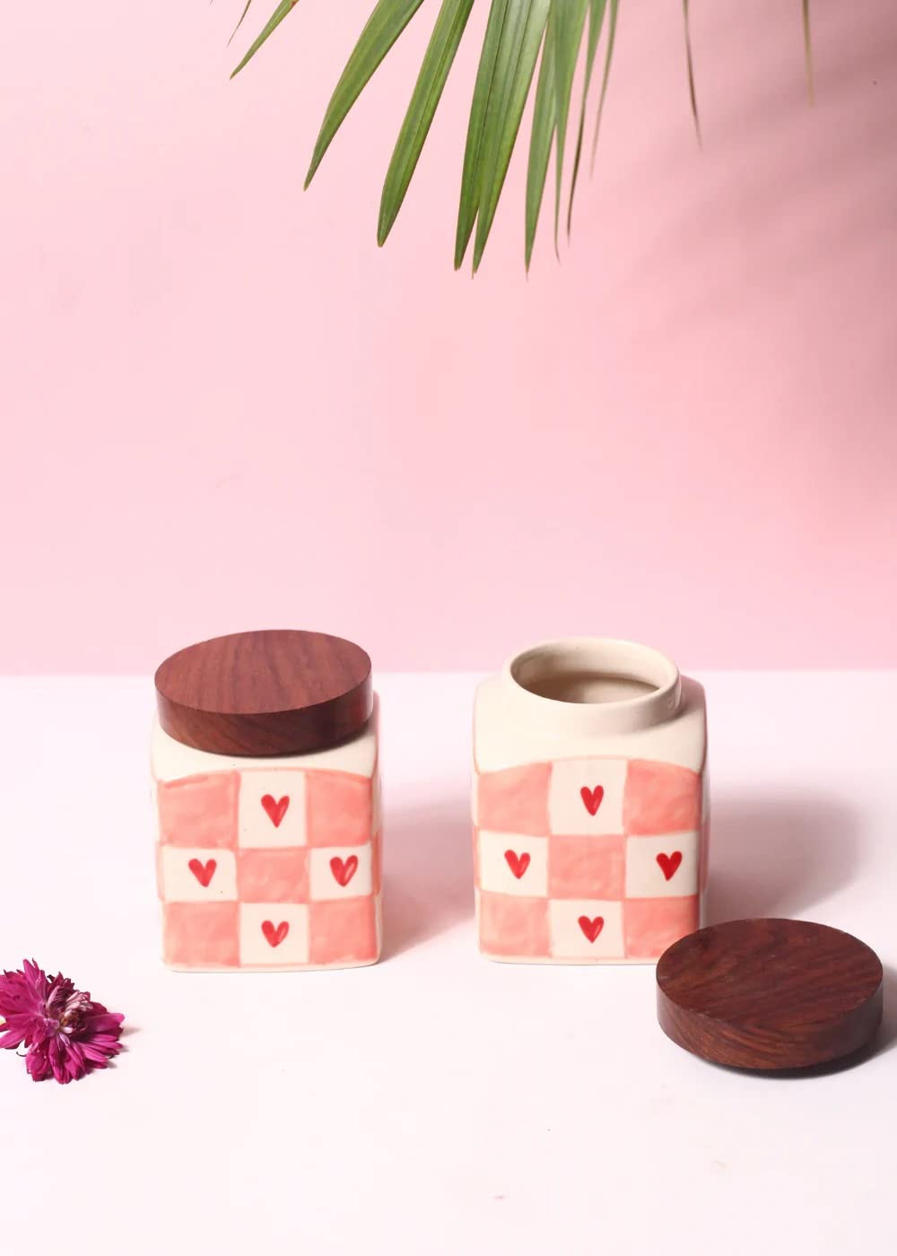 WEAVING HOMES Handmade Ceramic Jar Chequered Heart Jar (Set of 2