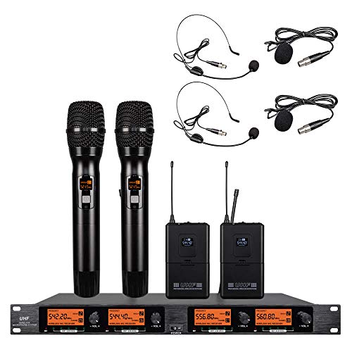 Wireless Microphone System 4 Channel Microphone 2 Handheld Mic 2 Bodypack Headset 2 Lavalier 2 Lapel Mic UHF Karaoke System Church Speaking Conference Meeting Wedding Party Frequency B