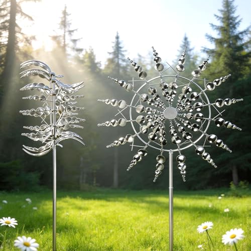 Wxeadu Einzigartige und Magische Metall Windmühle 3D Metall-Windmühle Edelstahl Windrad GartenMetall MagischeWindmühle Wind Spinner Garten für Garten Terrasse Landschaft Dekoration (Silbern C)