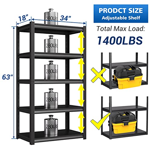 Heycode Heavy Duty Garage Storage Shelves, 5 Tier Adjustable Metal Shelving Unit, Utility Rack Shelf For Garage Basement Kitchen Warehouse 63" H X 34" W X 18" D (5-Tier) #TOP6
