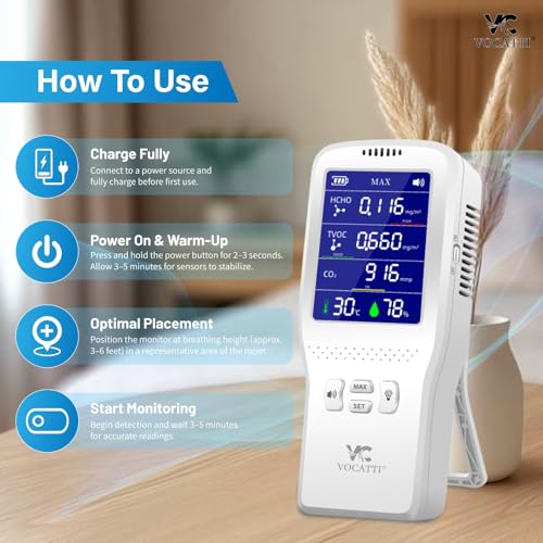 Image of Indoor Air Quality Monitor | TVOC,CO,CO2, HCHO | ≈ 100% Accuracy | 2000mAh Portable Pollution Meter with Temperature & Humidity | Indoor & Outdoor | Type-C Rechargeable | 1 Year Warranty