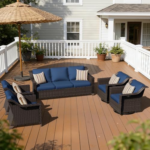 Image of 5 Piece Patio Furniture Set, Wicker Outdoor Conversation Set | Patio Chair Set with Olefin Removable Cushion, All-Weather Outdoor Couch with Deep Seat for Porch, Deck and Backyard, Blue