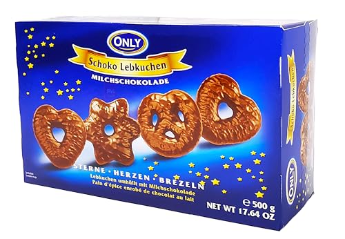 Lebkuchen Milk Chocolate Coated Soft Gingerbread Assortment, Stars, Hearts and Pretzels Shapes, German Christmas Cookies - Traditional Holiday Treat - 500g/17.64 oz