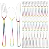 Minatee 150 Pcs Rainbow Plastic Silverware, Clear Disposable Cutlery Set Heavy Duty Utensil Sets 50 Forks 50 Knives 50 Spoons for Birthday Party Home Office School Picnics Restaurant Outdoor Events