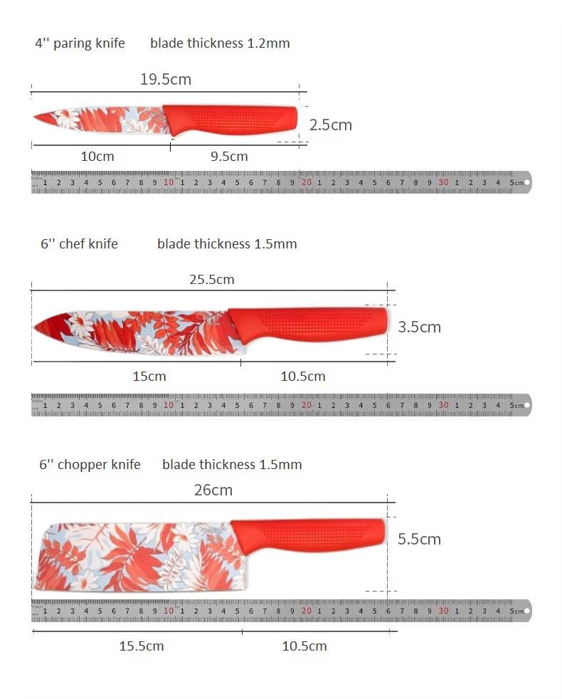 Image of La' Forte 3 Pcs Kitchen Knife Set with Protective Covers | Chef Knife, Utility Knife & Paring Knife | Printed Stainless Steel Blades with Ergonomic Grip | Cutting, Chopping & Slicing (Red)
