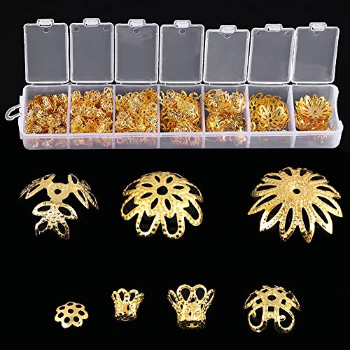 Tapa de Cuentas, 2 Colores, 300 Piezas, 7 Tamaños, Tapas de Cuentas de Flores Forma de Flor Espaciador Tapa de Cuentas Tapa de Cuentas Accesorios de Metal para hacer pulseras, collares, joyas (Oro)