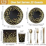 175 Pcs Black and Gold Party Supplies, Serves 25 Black Gold Foil Dot Disposable Dinner Tableware Set Gold Plastic Forks Spoons Knives Plates Napkins Cups Party Supplies for New Years Birthday - Image 2