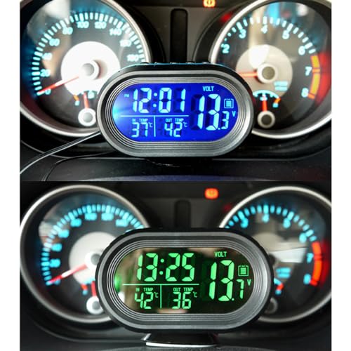 Shkalacar 3in1 Autothermometer Digitaluhr Voltmeter mit LCD Digitalmonitor, 12V Temperatur und Spannungsmesser, Erkennungsanzeige für Auto LKW SUV Wohnmobil, Grün und Orange