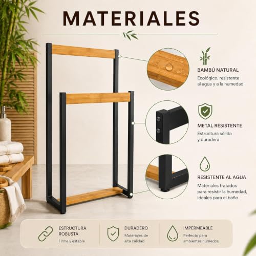 Miniatura 5 de Lin Home Xz-22179 Toallero De Pie Con 2 Barras De Madera Y Metal 41x18x80cm Para Baño, Lavadero, Dormitorio