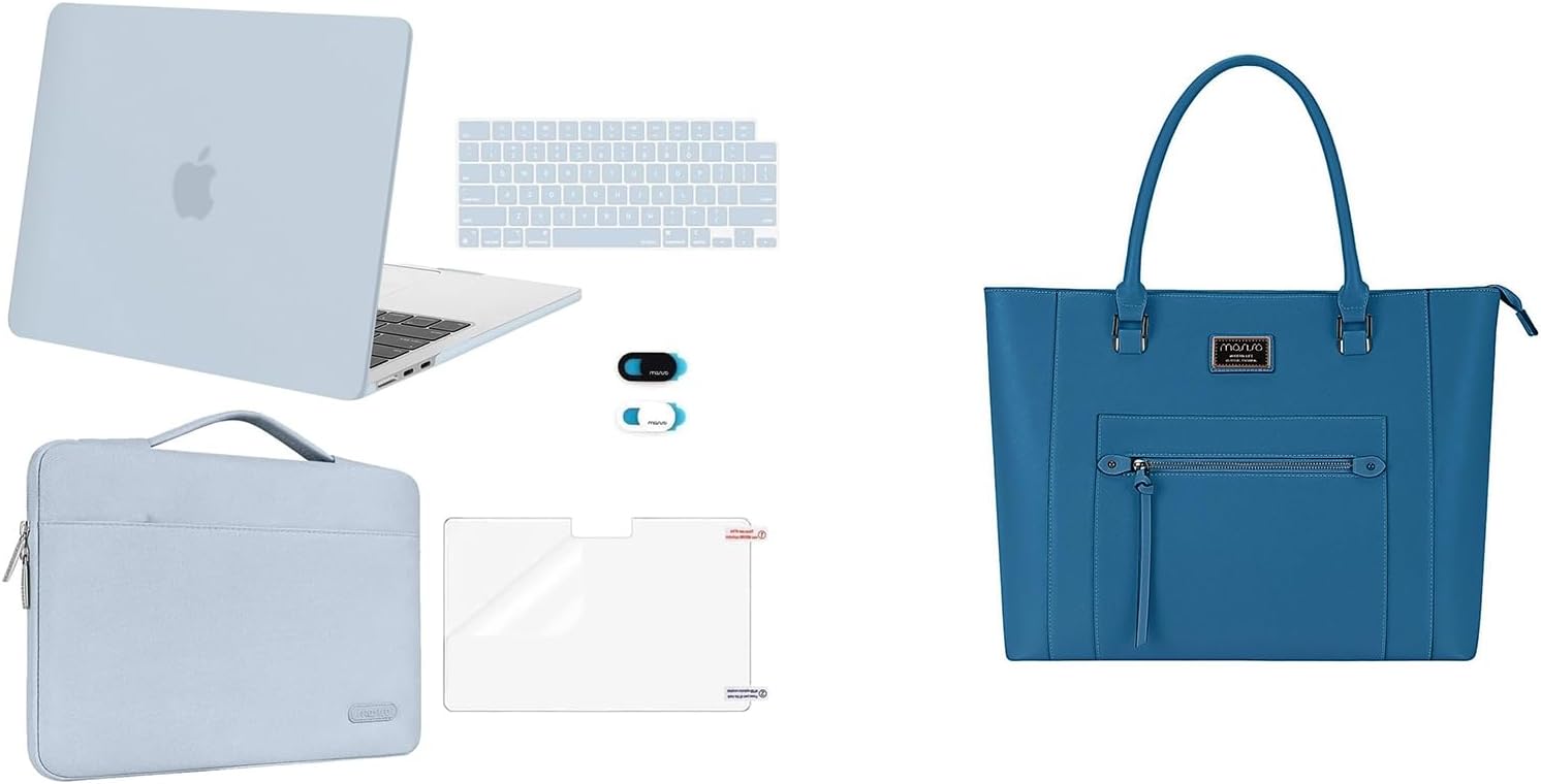 MOSISO Compatible with MacBook Air 13 inch Case 2025-2022 M4 A3240 M3 A3113 M2 A2681, Hard Case&Bag&Keyboard Skin&Webcam Cover&Screen Film&PU Leather Laptop Tote Bag for Women, Baby Blue&Lake Blue