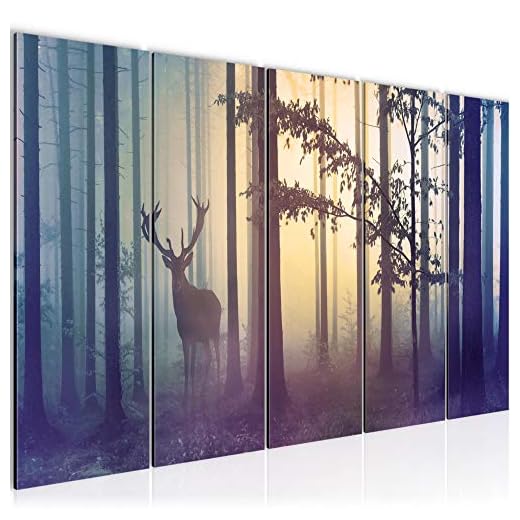 Runa Art Cuadro XXL Bosque ciervo 200 x 80 cm Azul 5 Piezas - Made in Germany - 013455a