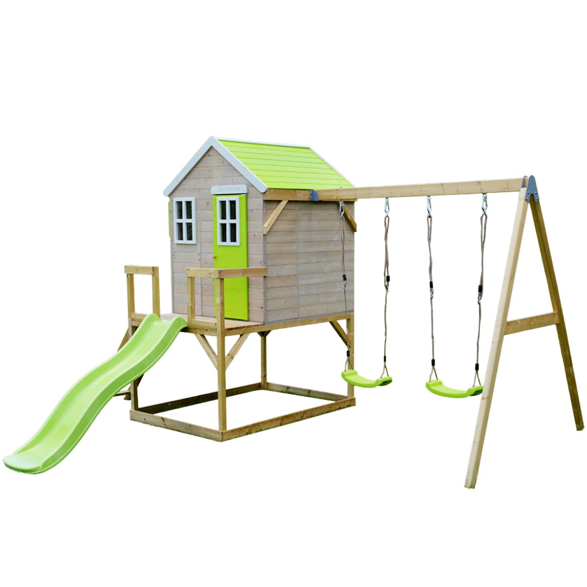 Kangui – Casa de jardín infantil exterior – Cabaña de madera con plataforma, tobogán y doble columpio – Techo impermeable – Verde y blanco