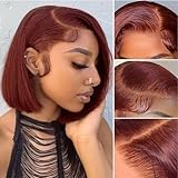 RQY Reddish Brown Bob Wig Human Hair,13x4 Short Straight Lace Front Wigs Human Hair 180% Density 33# Copper Red Brown Wig Human Hair Bob Lace Front Wigs Human Hair for Women （33# Brown Bob Wig 10inch）
