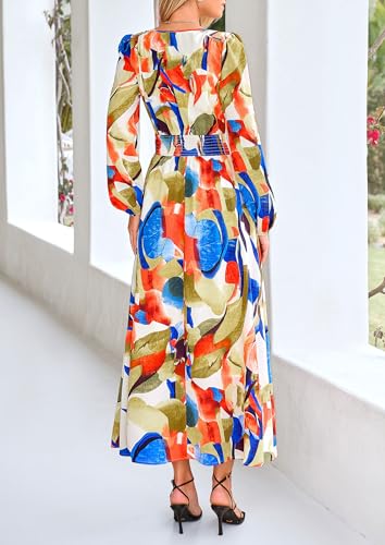 PRETTYGARDEN Women's Floral Midi Dress Casual Fall V Neck Long Sleeve Flowy Spring Beach Wedding Guest Vacation Dresses