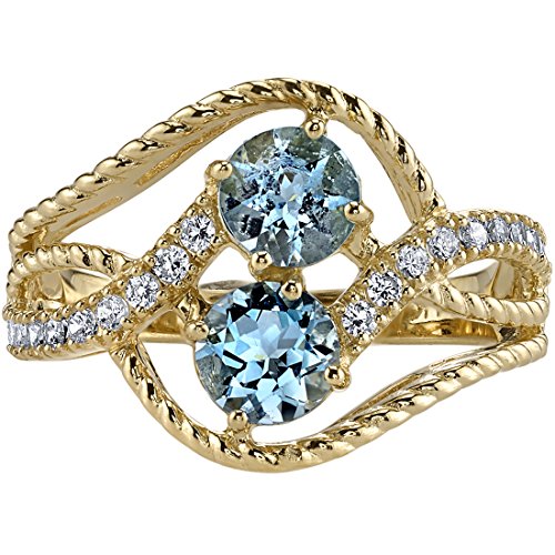 PEORA Aquamarine Two-Stone Ring for Women 14K Yellow Gold, Natural Gemstone, 1 Carat total Round Shape, Sizes 5 to 93