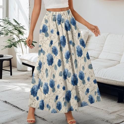 Long Skirts for Women with 2 Side Pockets A-Line Midi Length Skirt Elastic Flowing Half Dress Hawaiian Beach Summer3