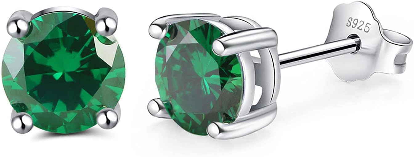 Birthstone Stud Earrings For Women,Round 925 Sterling Silver Stud Earrings, Cubic Zirconia Earrings Hypoallergenic Studs, Jewelry Gifts