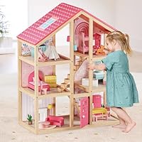 Tiny Land Wooden Dollhouse for Girls - 6 Rooms Wooden Doll House, DIY Pretend Doll House with 31Pcs Furniture Accessories, Creative Gift for Girl Ages 3+