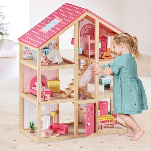 Tiny Land Wooden Dollhouse for Girls - 6 Rooms Wooden Doll House, DIY Pretend Doll House with 31Pcs Furniture Accessories, Creative Gift for Girl Ages 3+ Pink