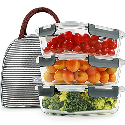 DAS TRUST 3 Pack Glass Food Storage Containers Reusable Meal Prep Containers Fridge Organizers Lunch Container for Adults Food Storage Containers with Lids Airtight Pizza Salad Storage Container by DAS TRUST - Used condition - CA$25.30
