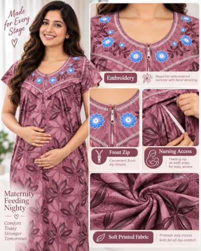 Image of Noty Women's- Maternity | Feeding | Nursing | Nighty /Maxi /Gown- Poly Viscose Knits Fabric- Embroidery, Printed, Zip on Both Sides