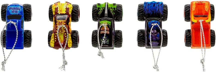 위에서 아래로 view of the five Monster Jam miniature ornaments, showing the roof details and hanging cords.