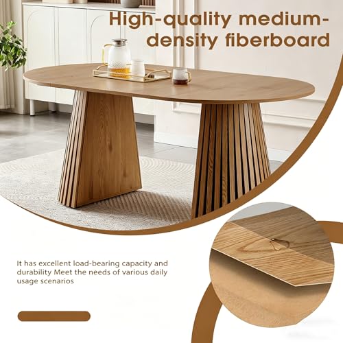 Image of 39.37 inch-70.87 inch Round Extendable Dining Table for 4 6 8, Wooden Expandable Oval Kitchen Table with Slatted Table Legs, Modern Farmhouse Extending Table for Dining Room Living Room Open Kitchen Space