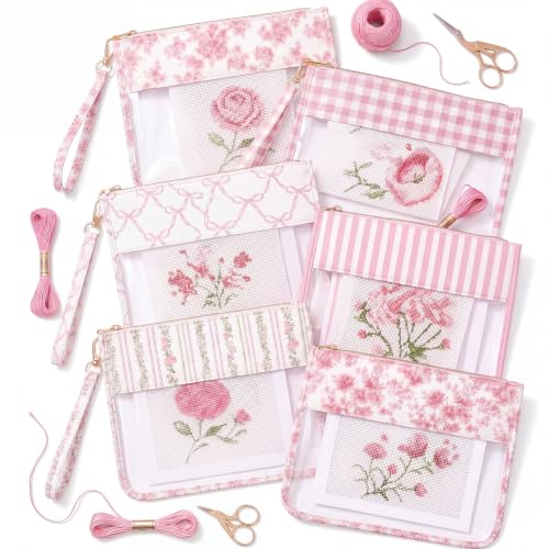 Sabary 6 Pack Pink Floral Needlepoint Project Bag Bow Sew Project Bags 11.8 x 9 Clear Waterproof Zipper Pouches Sewing Craft Organizer Storage Gift for Embroidery Quilter Crafter Art Stitching