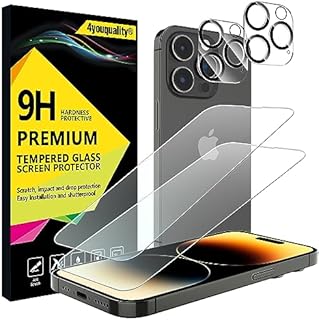 4youquality [4-in-1 Screen Protector for iPhone 14 Pro with Camera Lens Protector, Tempered Glass Film, 2-Pack Each, [LifetimeSupport][Impact-Resistant][Anti-Scratch][Ultra-Transparent]