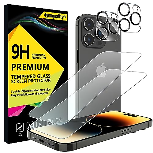4youquality [4-in-1 Screen Protector for iPhone 14 Pro with Camera Lens Protector Tempered Glass Film 2-Pack Each [LifetimeSupport][Impact-Resistant][Anti-Scratch][Ultra-Transparent]