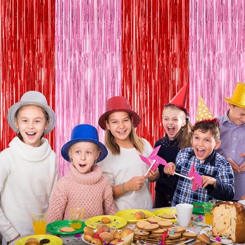 Image of ZATAYE 2 Pack Red Pink Valentines Foil Curtain Streamer Decorations | Red Pink, Metallic Foil, 3.28 x 7.05 FT, Tinsel Backdrop, Foil Curtain Streamer, Valentines Party Decorations