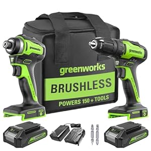 Greenworks 24V Brushless Cordless Drill and Impact Driver,Power Tool Combo Kit Included 1/2”Drill & 1/4”Hex Impact Driver and (2) Batteries, Fast Charger, 2 pcs Drill Bit Set & Bag