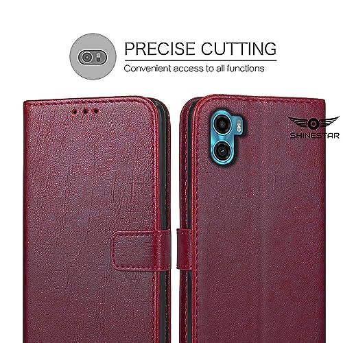 Image of SHINESTAR Motorola Moto E32 Flip Back Cover | PU Leather Flip Cover Wallet Case with TPU Silicone Case Back Cover for Motorola E32 - Blood Red