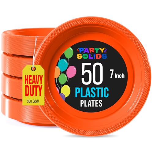 Exquisite Party Solids Orange Plastic Plates For Party Supplies 7 Orange Disposable Plates Heavy Duty 50 Pcs Plastic Dinnerware Sets Heavy Duty 350 GSM Disposable Dinnerware Set