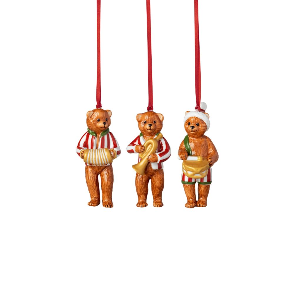 Villeroy & Boch - Nostalgic Ornaments Teddys 3-TLG Set Bunt, Weihnachtsdeko, Baumschmuck, Geschenkidee, Deko Weihnachten Liebevoll Gestaltet, Premium Porzellan