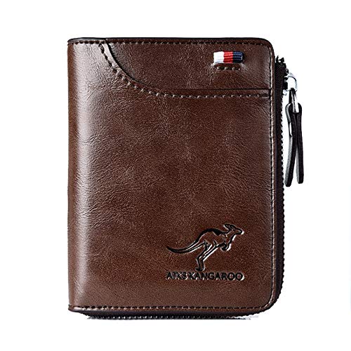 EVAGNEE Carteira masculina com bloqueio de RFID, carteira curta de couro genuíno com zíper para cartão de crédito para homens (marrom)