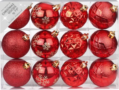 Weihnachtskugeln Kunststoff 6cm x 12 Stück Set mit Muster Mix Christbaumkugeln rot