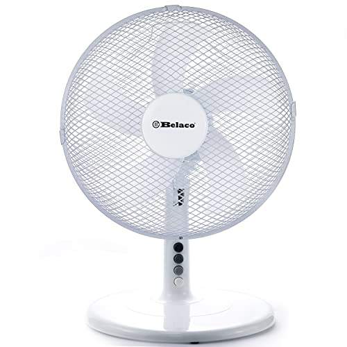 Belaco 12inch Table Fan Desk Fan with 3 Speed Oscillating cooling fan Stand Fan floor fan Low Noise Strong Resistant Base high protective mesh grill home office (White)