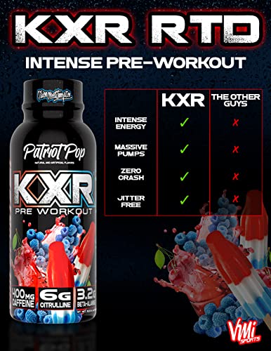 Image of VMI Sports KXR High Stimulant Pre-Workout Energy Ready to Drink 400mg Caffeine, 6g Citrulline, 3.2g Beta-Alanine | Delicious - Convenient - Powerful | 12.5 oz Bottles (Patriot Pop, 12 Bottles)