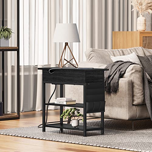 Sjie End Table With Charging Station, Bedside Table/Nightstand,Narrow Flip Top Side Table With Usb Ports And Outlets For Living Room,Bedroom And Small Spaces (1, Black) #TOP1