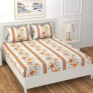 Gurnoor Queen Size Elastic Fitted Floral Bedsheets with 2 Pillow Covers-Orange