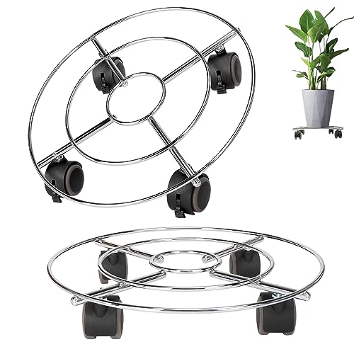 SI FANG Plant Caddy with Wheels with Lockable Casters, 30cm Round Rolling Plant Stand Trolley Flower Pot Movers with Wheels, Heavy Duty Metal Roughened Steel Caddies For Outdoor Garden 2 Pack