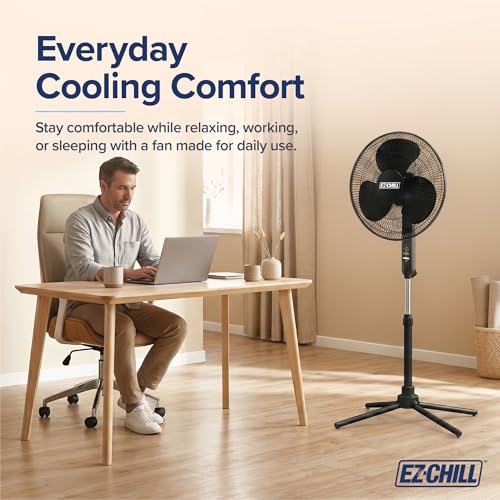 Image of EZ-Chill 16 inch Oscillating Pedestal Fan, 3-speed Options, 90-Degree Oscillating Head, Adjustable Height and Tilt, Powerful Air Flow, Black, MTFS-16B-BLK
