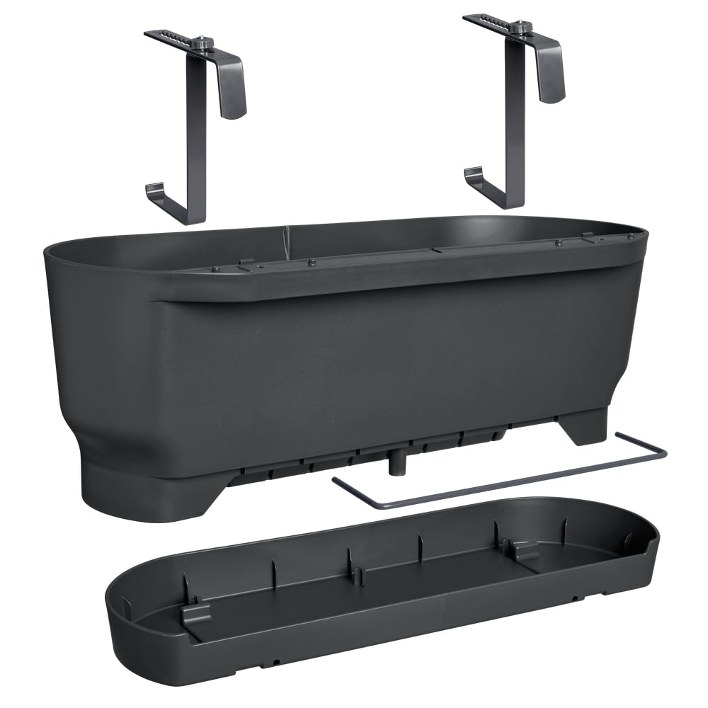elho Greenville Easy Balcony 52 Blumentopf Balkon - Übertopf für Balkon - 100% recyceltes Plastik - Ø 52.0 x H 19.4 cm - Living Schwarz | L 21.2 x B 52 x H 19.4 cm | Integrierter Untersetzer | 100% recyceltes Plastik