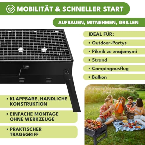 KRUMAD Camping Grill Klappbar, tragbarer Holzkohlegrill 38,5x27 cm, Tischgrill für Campingküche & Outdoor, Mini Kohlegrill faltbar mit Grillrost, ideal für BBQ, Reisen, Picknick, Balkon